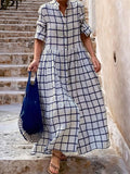 woloong Long Sleeves Loose Buttoned Plaid Split-Joint Stand Collar Maxi Dresses