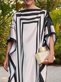 woloong Striped Split-side Printed Loose Batwing Sleeves Boat Neck Maxi Dresses