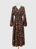 woloong Split-Side Leopard Elasticity Drawstring Puff Sleeves Loose V-Neck Midi Dresses