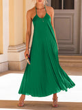 woloong Tied Solid Color Pleated Backless Sleeveless Loose Spaghetti-Neck Maxi Dresses
