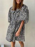 woloong Zipper No Belt Leopard Elasticity Buttoned Puff Sleeves Loose V-Neck Mini Dresses