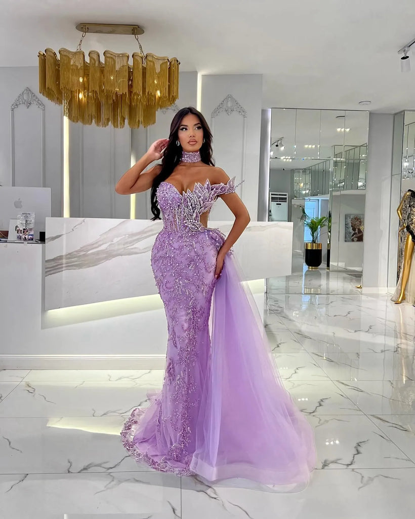 Stunning Purple Mermaid Evening Dresses Elegant Leaf Beading Shoulder Prom Dress Beads Side Train Custom Made Formal Dresses For Women 0515
