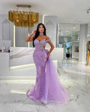 Stunning Purple Mermaid Evening Dresses Elegant Leaf Beading Shoulder Prom Dress Beads Side Train Custom Made Formal Dresses For Women 0515