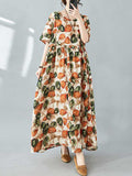 woloong Split-Joint Printed Pleated Loose Half Sleeves Round-Neck Midi Dresses