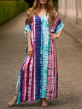 woloong Split-Side Printed Contrast Color Short Sleeves Loose V-Neck Maxi Dresses Beach Cover-Up