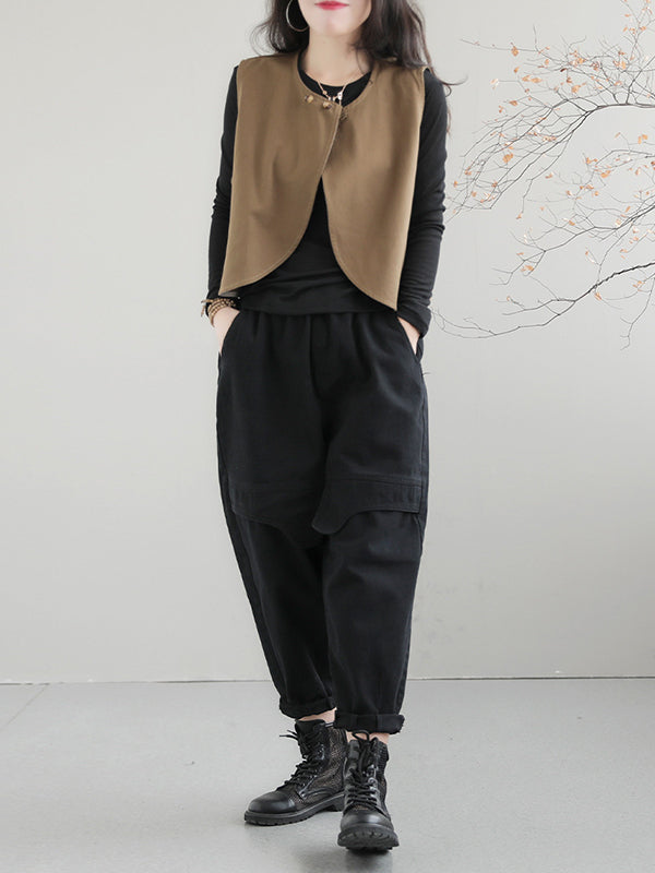 woloong Artistic Retro Loose Sleeveless Solid Color Round-Neck Vest Outerwear