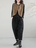 woloong Artistic Retro Loose Sleeveless Solid Color Round-Neck Vest Outerwear