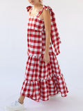 woloong Tied Split-Joint Plaid Sleeveless Loose Square-Neck Maxi Dresses