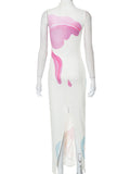 woloong Split-Back Flower Print Sleeveless High Waisted Mock Neck Maxi Dresses