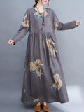 woloong Casual Loose Pleated Flower Printed Round-Neck Long Sleeves Maxi Dress