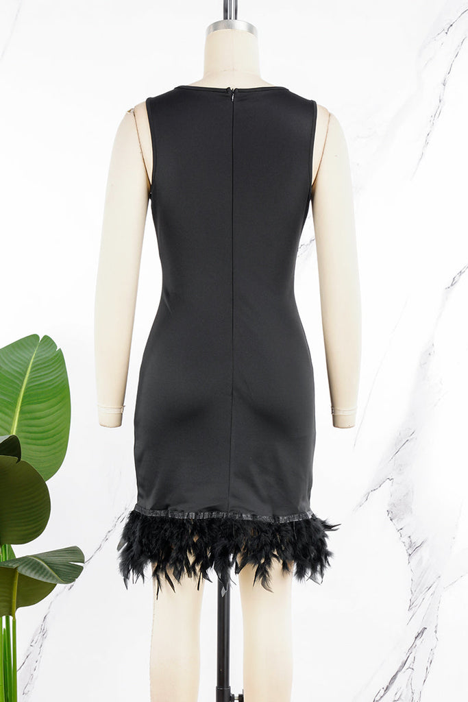 woloong - Black Daily Party Elegant Simplicity Patchwork Feathers Solid Color O Neck Sleeveless Dress Dresses