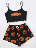 New Style Halloween Lady's Cartoon Pumpkin Print Camisole With Shorts Pajama Set Casual Home Wear Sleepwear Underwear Suits