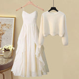 woloong  Women Spring Two Pieces Sets Korean Long Sleeve Pullover Knitted Sweater And Ruffles Patchwork Mesh Long Dress Suit