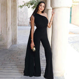 woloong Long Sleeve Single Shoulder With Long Tail Sexy Jumpsuit  Fall Winter Women Solid Party Elegant Streetwear Outfit