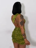 New Female Sequins Rave Outfits Hollow Out One Shoulder Mini Velvet Dress With Padded Lady Bodycon Glitter Green Dress
