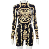 woloong  Classical Print O Neck Long Sleeve Playsuit New Year Sexy Slim Sports Elegant Casual Streetwear Concise Y2K