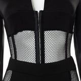 woloong Patchwork Mesh Long Sleeve Single Breasted Bodysuit See Through Leggings Two Piece Set Autumn Women Fashion Sexy