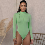 woloong long sleeve front zipper v neck women sexy body high stretchy basic bodysuit