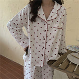 woloong Cotton Pajamas Set Comfortable Long Sleeve Lovely Sweet Leisurewear Home Suit Spring Sleepwear Soft Korean Heart Print Kawaii