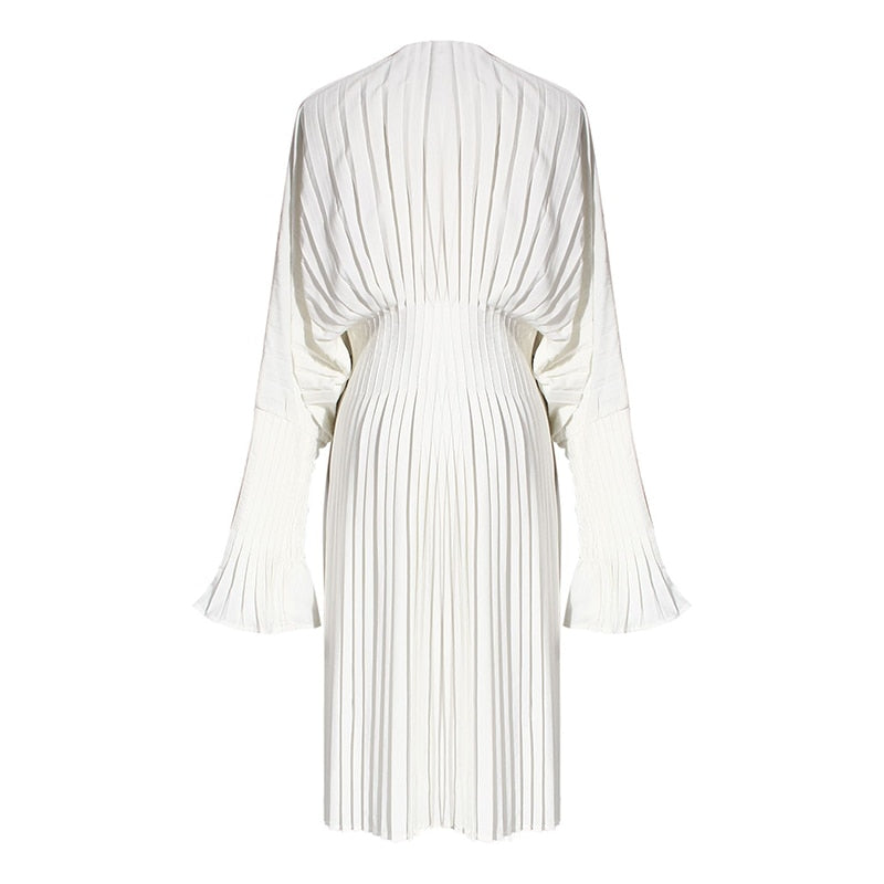 woloong Vintage Pleated Dress Women Flare Long Sleeve V Neck Dresses Female Fashion Clothes Spring Summer New