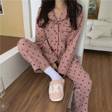 woloong Cotton Pajamas Set Comfortable Long Sleeve Lovely Sweet Leisurewear Home Suit Spring Sleepwear Soft Korean Heart Print Kawaii