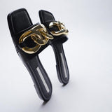 woloong   Classic Black Chain-decorated Women Slippers New Style Flat Fashion Sandals British Square Toe Comfortable Holiday Slippers Pink