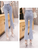 woloong spring new Flare Set auger Jeans Woman Denim Trousers Vintage Women Clothes Fall High Waist Pants Stretchy Jeans