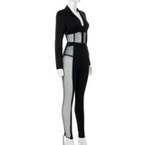 woloong Patchwork Mesh Long Sleeve Single Breasted Bodysuit See Through Leggings Two Piece Set Autumn Women Fashion Sexy