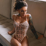 Ellolace Floral Embroidery Bodysuit Women Lace Up Bandage Bodies Sexy Sleeveless Bodycon Transparent Lingerie Mesh Bodysuits Top