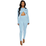 woloong Solid Hollow Out Revealing Long Sleeves Slim Bodycon Jumpsuit Summer Women Fashion Sexy Sport Party Club Robe Y2K