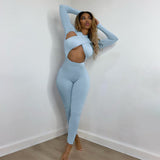 woloong Solid Hollow Out Revealing Long Sleeves Slim Bodycon Jumpsuit Summer Women Fashion Sexy Sport Party Club Robe Y2K