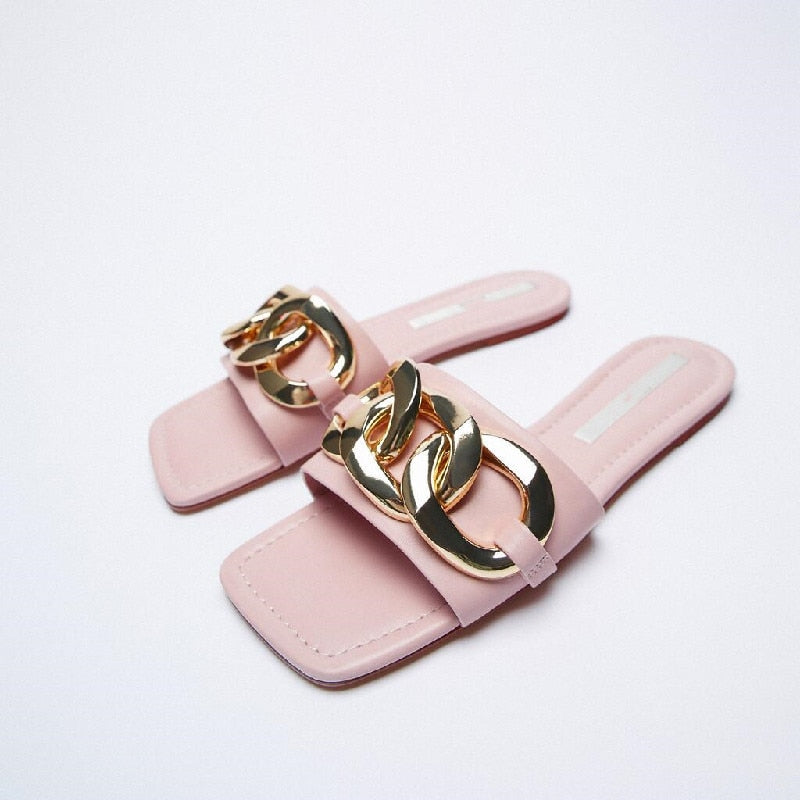 woloong   Classic Black Chain-decorated Women Slippers New Style Flat Fashion Sandals British Square Toe Comfortable Holiday Slippers Pink
