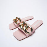woloong   Classic Black Chain-decorated Women Slippers New Style Flat Fashion Sandals British Square Toe Comfortable Holiday Slippers Pink