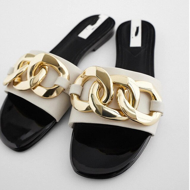 woloong   Classic Black Chain-decorated Women Slippers New Style Flat Fashion Sandals British Square Toe Comfortable Holiday Slippers Pink