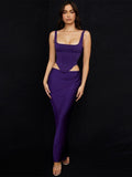 Purple Corset Satin Square Neck Crop Top And Draped Midi Dress Sets Slim Long Skirt Suits Two Piece Sets Womens Outfits