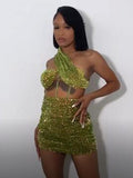 New Female Sequins Rave Outfits Hollow Out One Shoulder Mini Velvet Dress With Padded Lady Bodycon Glitter Green Dress