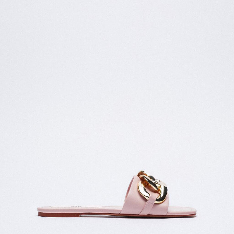 woloong   Classic Black Chain-decorated Women Slippers New Style Flat Fashion Sandals British Square Toe Comfortable Holiday Slippers Pink