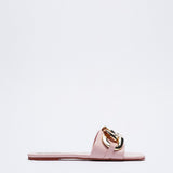 woloong   Classic Black Chain-decorated Women Slippers New Style Flat Fashion Sandals British Square Toe Comfortable Holiday Slippers Pink