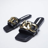 woloong   Classic Black Chain-decorated Women Slippers New Style Flat Fashion Sandals British Square Toe Comfortable Holiday Slippers Pink