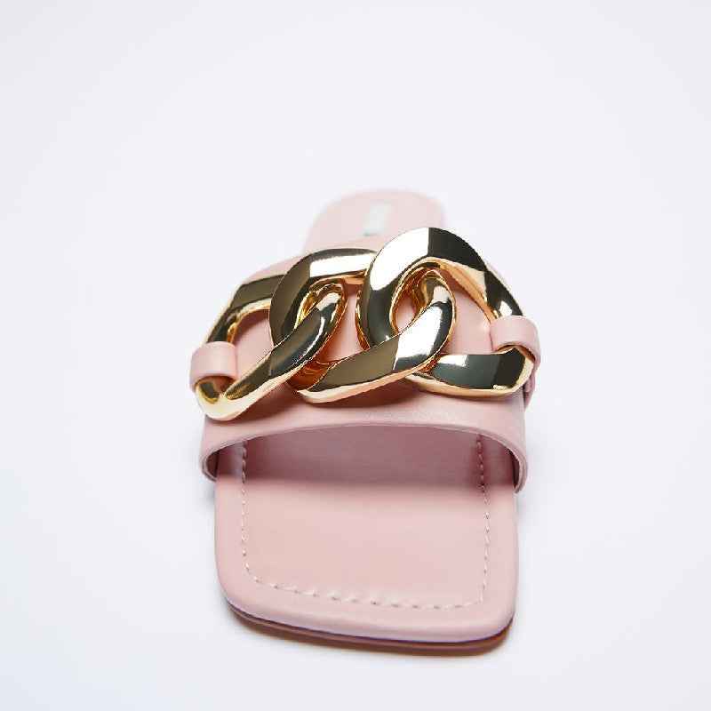 woloong   Classic Black Chain-decorated Women Slippers New Style Flat Fashion Sandals British Square Toe Comfortable Holiday Slippers Pink