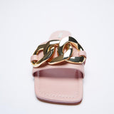 woloong   Classic Black Chain-decorated Women Slippers New Style Flat Fashion Sandals British Square Toe Comfortable Holiday Slippers Pink