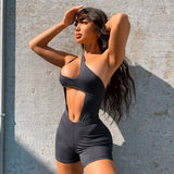 woloong  Solid Ribbed Women 2 Pieces Sleeveless One Shoulder Hollow Out Bodysuit Biker Shorts Set Skinny Tracksuit Summer