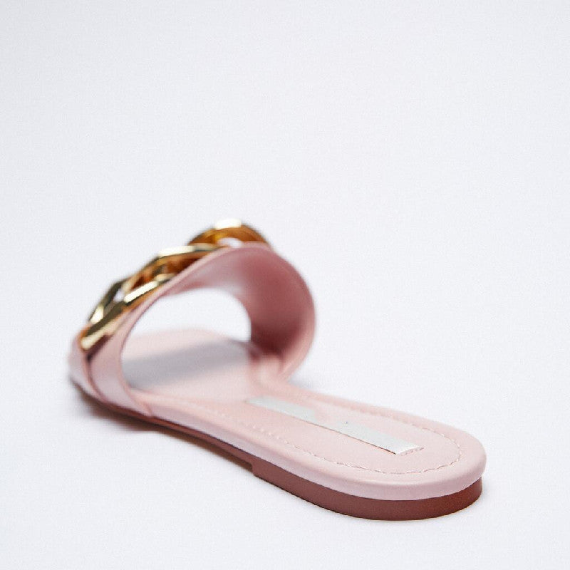 woloong   Classic Black Chain-decorated Women Slippers New Style Flat Fashion Sandals British Square Toe Comfortable Holiday Slippers Pink