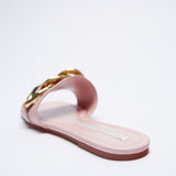 woloong   Classic Black Chain-decorated Women Slippers New Style Flat Fashion Sandals British Square Toe Comfortable Holiday Slippers Pink