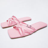 woloong   Classic Black Chain-decorated Women Slippers New Style Flat Fashion Sandals British Square Toe Comfortable Holiday Slippers Pink