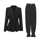woloong  Solid Color Korean Two Piece Set Women Blazer High Waist Belt Lace-up Straight Pants Suits Female Fashion New