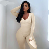 woloong  Solid Long Sleeve V Neck Bodycon Draped Sexy Jumpsuit Summer Autumn Women Fashion Streetwear Party Club Outfits