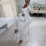 woloong  Solid Long Sleeve V Neck Bodycon Draped Sexy Jumpsuit Summer Autumn Women Fashion Streetwear Party Club Outfits