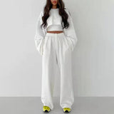 woloong  White Three Piece Set For Women O Neck Long Sleeve Tops Sleeveless Vest Wide Leg Pants Female Casual Sets New
