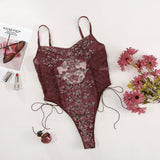 Ellolace Floral Embroidery Bodysuit Women Lace Up Bandage Bodies Sexy Sleeveless Bodycon Transparent Lingerie Mesh Bodysuits Top